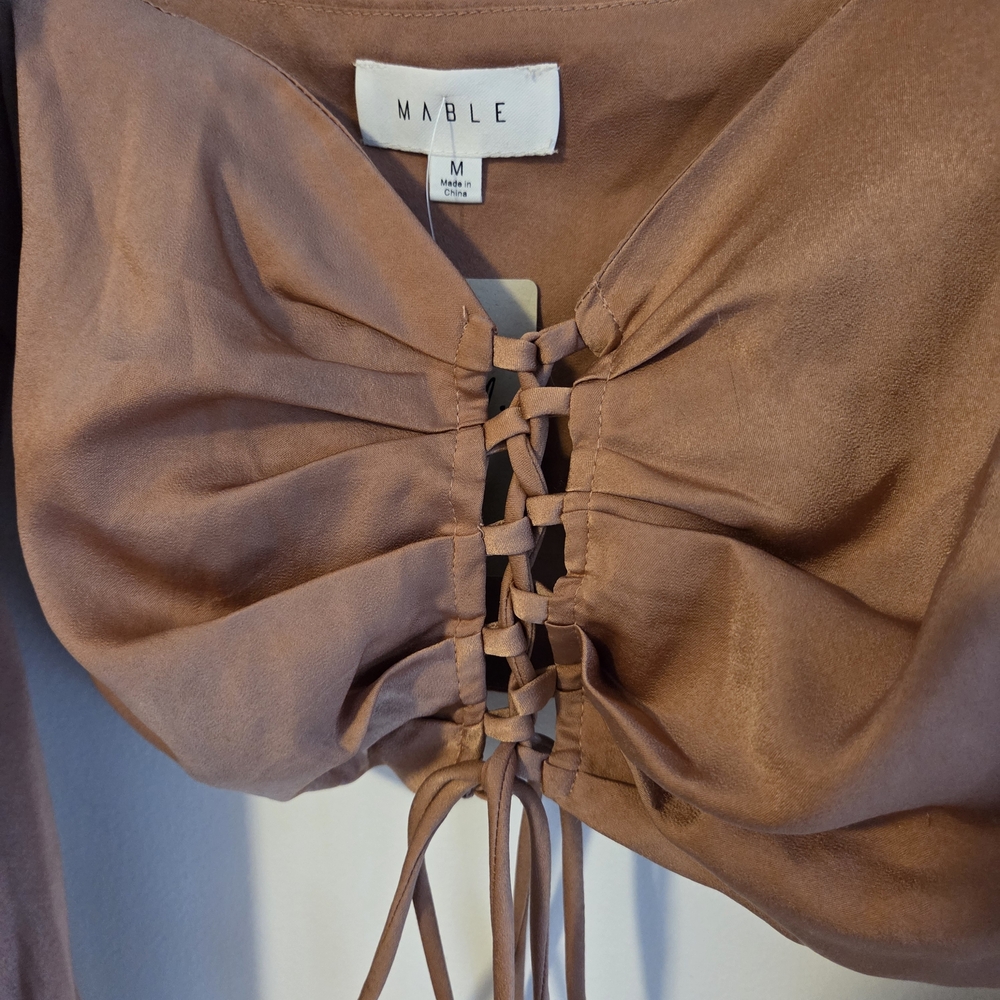 Elegant Tan Lace-Up Blouse with Puff Sleeves - Picture 2 of 6